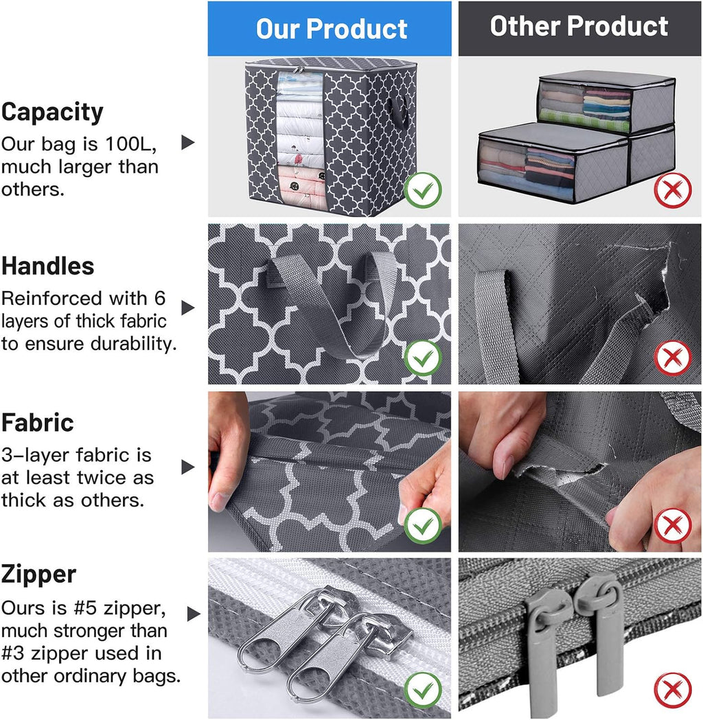 WISELIFE Storage Bags - 4 Pack 100L Large Blanket & Clothes Organizers | Foldable with Clear Window & Sturdy Zippers, Gray