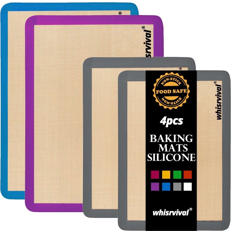 whisrvival 4 Pack Silicone Baking Mat, Non-Stick Silicone Baking Sheet, Food Safe Silicone Mats for Baking, 480℉ Heat Resistant, 2 Half & 2 Quarter (Purple, Blue, Grey)