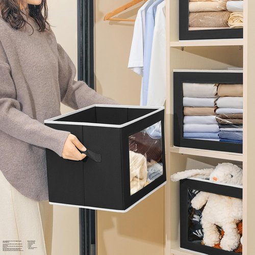 Homsorout Large Storage Bins - Collapsible Fabric Cubes with Lids & Window, 15.7 Inch, Black | 6 Pack