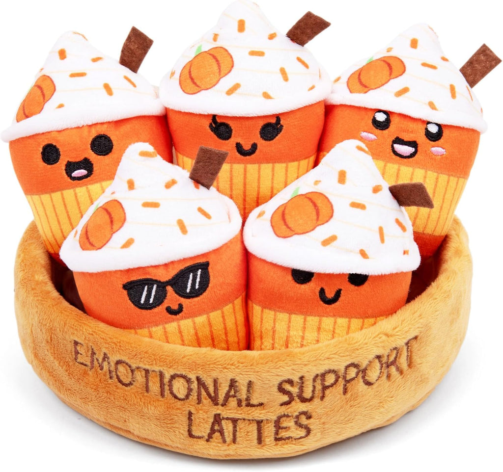 Relatable Emotional Support Lattes - Soft Fall Plushies for All Ages | Perfect Back to School Gift Set with 5 Plushies in Basket