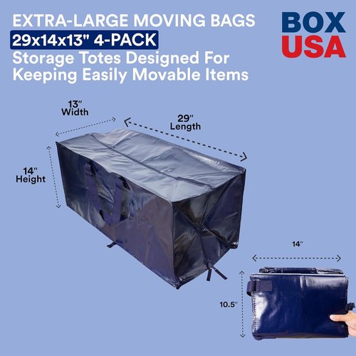 BOX USA 4-Pack Moving Bags - Heavy Duty Extra Large Storage Bags with Strong Handles & Zippers | Blue