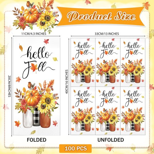 100 Pcs Fall Paper Napkins Thanksgiving Guest Napkin 3 Ply Pumpkin Paper Napkin Hello Fall Disposable Hand Towels Decorative Hand Paper Towel for Autumn Harvest Party, 13 x16 Inch