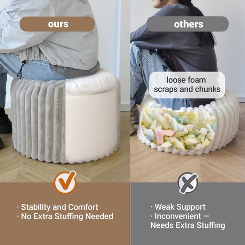 DAWNYIELD Luxury Round Stuffed Floor Poufs Ottoman, Stripe Faux Fur Footrest with Dual Layer Comfort, Removable Washable Cover, 20"x15" Plush Pouf Shaggy Stool for Living Room Bedroom, Gray