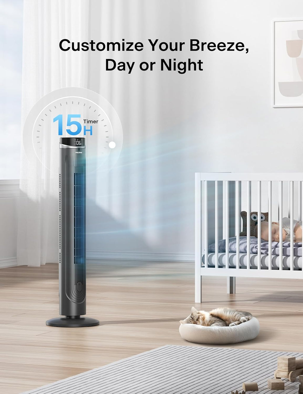 Pelonis 42-Inch Tower Fan - Quiet 90° Oscillation, 5 Speeds, Remote Control & 12H Timer | Ideal for Bedrooms