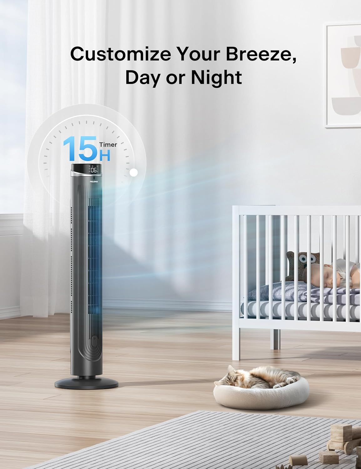 Pelonis 42-Inch Tower Fan - Quiet 90° Oscillation, 5 Speeds, Remote Control & 12H Timer | Ideal for Bedrooms