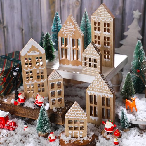 Briwooody Christmas Village Houses Set - 7 Pcs Wooden Gingerbread Decor for Home & Office | Winter Shelf Ornament