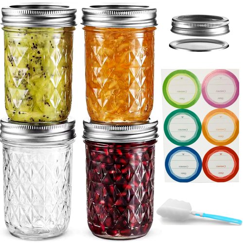 OUCBND Mason Jars 8 oz Wide Mouth, 4 Pack with Airtight Lids - Food Grade Glass, Free Brush & Stickers for Food Storage, Canning, DIY Gifts