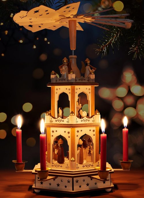 BRUBAKER Christmas Pyramid - 3-Tier Rotating Wooden Candle Holder - 18-Inch Hand-Painted Decoration - Brown