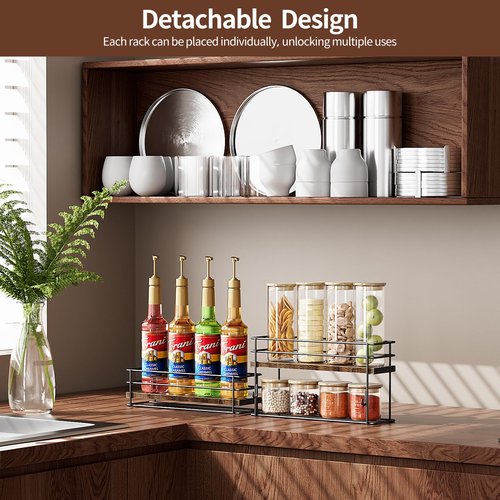 Nuovoware Coffee Syrup Organizer, 2-Tier 8 Bottles Organizer, Separable Metal Rack with Wooden Base Whiskey Wine Dressing for Countertop Kitchen Bar, Black