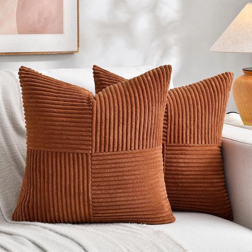 Fancy Homi Decorative Throw Pillow Covers - 2 Pack Rust Boho 18x18 Inch Soft Corduroy Accent Cushions | Farmhouse Fall Decor