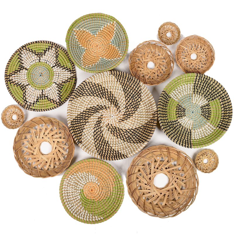 Boho Wall Baskets for Decor, Wicker Hanging Basket, Boho Wall Art, Woven Hanging Basket, Rattan Decor, Bohemian Decorative for Living Room Or Bedroom, Round Bamboo and Seagrass Plates 12 Pcs
