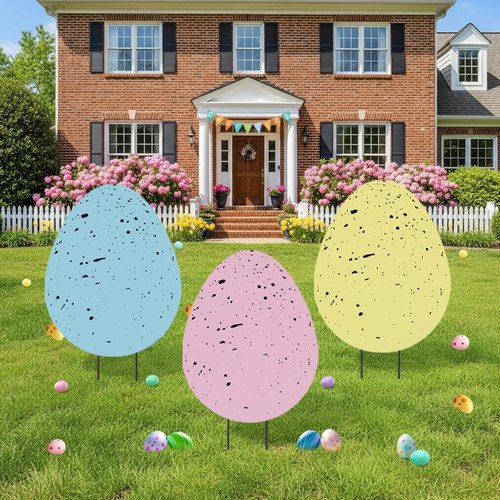 DoubleFill 3 Pcs Easter Decorations - 3D Metal Tulip & Bunny Garden Stakes for Spring Lawn Decor