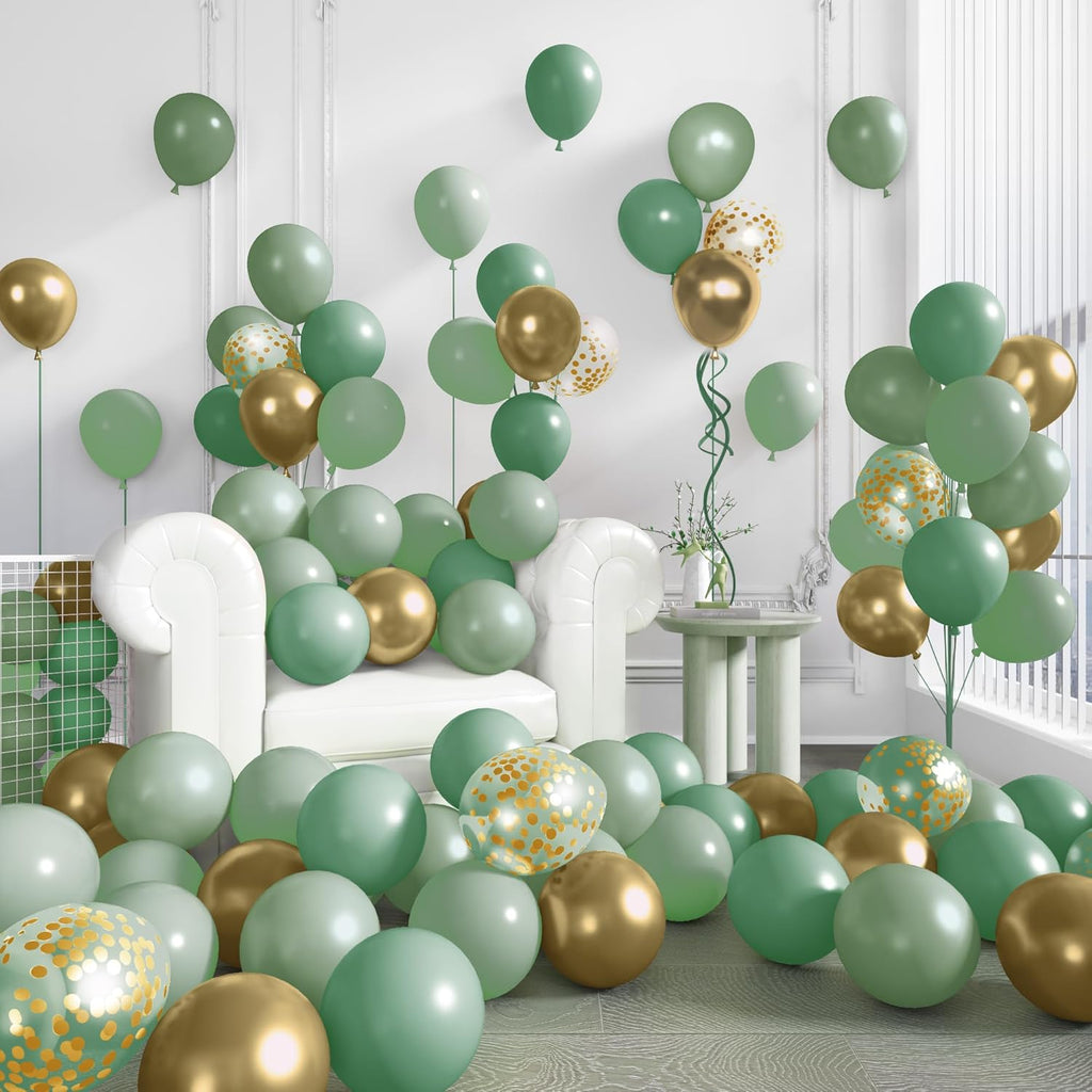 Skiennix 72Pcs Sage Green Balloon Set - 12" Latex & Pearl Metallic Gold Balloons for Parties