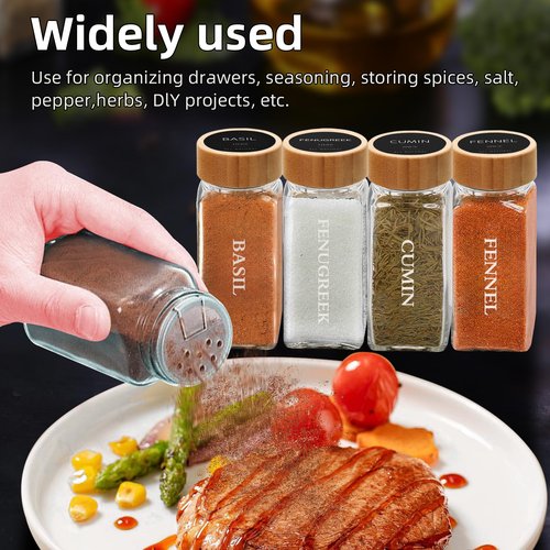eispap 24 Pcs 4 OZ Glass Spice Jars with Bamboo Lids, Glass Jars with Minimalist Farmhouse Spice Labels Stickers, Collapsible Funnel, Seasoning Storage Bottles for Spice Rack, Cabinet, Drawer (24)