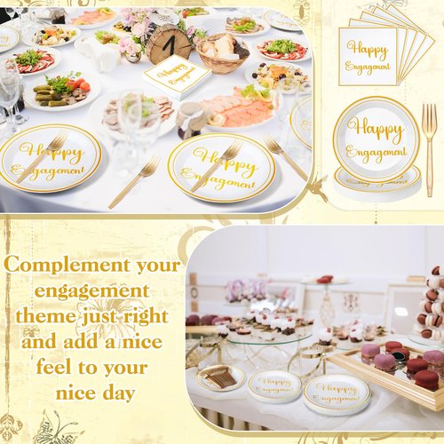 Geyoga 96 Pcs Happy Engagement Party Decorations White Gold Engaged Plates and Napkins She Said Yes Disposable Dinnerware Happy Engagement Plates for Wedding Bridal Shower Party Supplies Serve 24