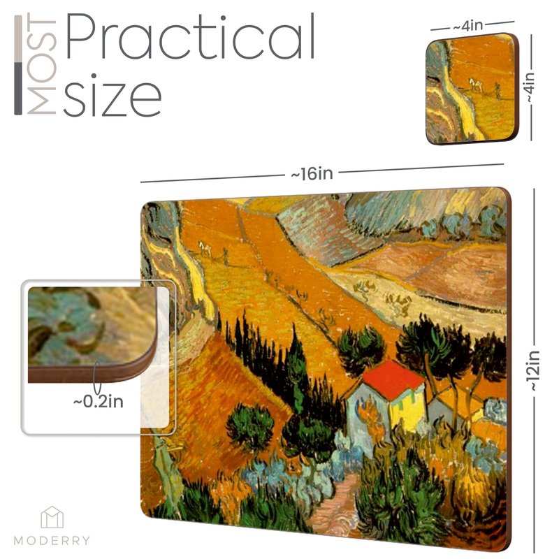 Moderry Set of 4 Heat Resistant Cork Placemats for Dining Table with Free Set of 4 Matching Drink Coasters Van Gogh Art Design 16 x 12 Inches Cork Backed Hard Placemats (Horizons of Light and Shadow)