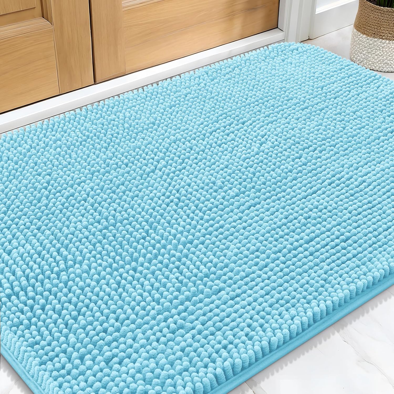 OLANLY Dog Door Mat - Absorbent Non-Slip Chenille Mat for Muddy Paws | 34x21 Inches, Quick Dry, Blue