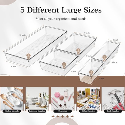 Criusia Clear Drawer Organizer - 7-Piece Versatile Plastic Storage Trays for Kitchen & Bathroom | Non-Slip Design