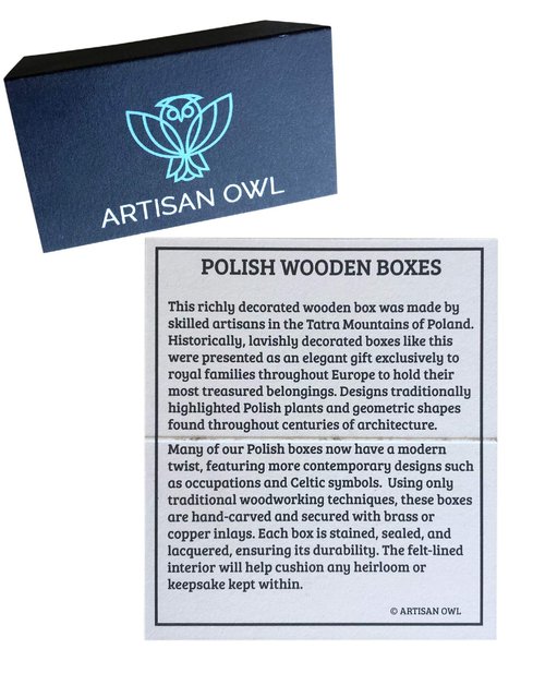 Artisan Owl Polish Handmade Large Elegant Slightly Rounded 9" Wooden Box for Keepsakes, Love Letters, Jewelry, and Specialty Items