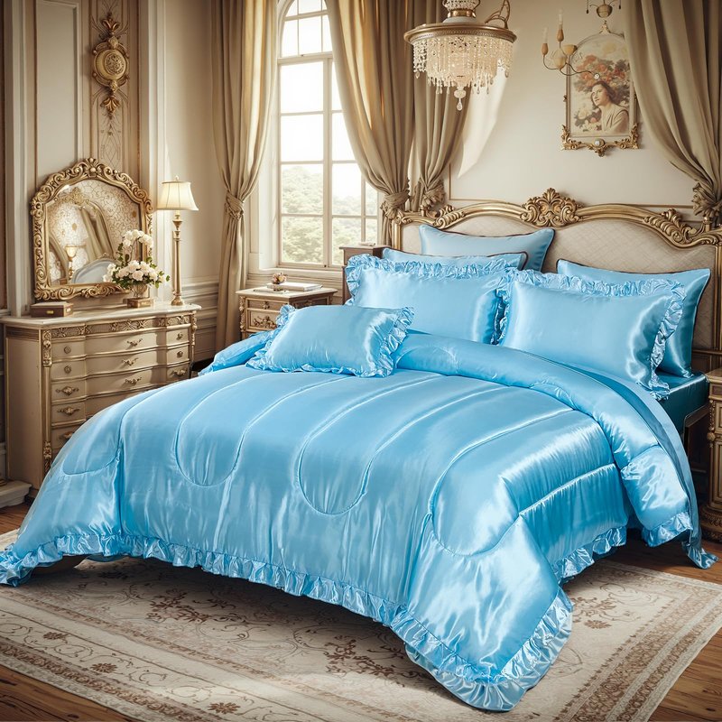 Satin Comforter Set with Sheet Set Full 8 Pcs Silk Like Pink Bedding Set Silky Ruffle Pattern Luxury Silky Comforter Set with 1 Cushion Cover