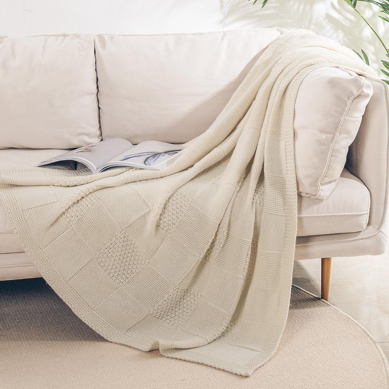 NEXHOME PRO Knit Throw Blanket,Classical Checkered Blanket for Couch,Cozy Warm Knitted Throw Blanket for Bed Sofa Living Room, Decorative Stretched Throw, Lightweigh,50"X 60"Navy Blue
