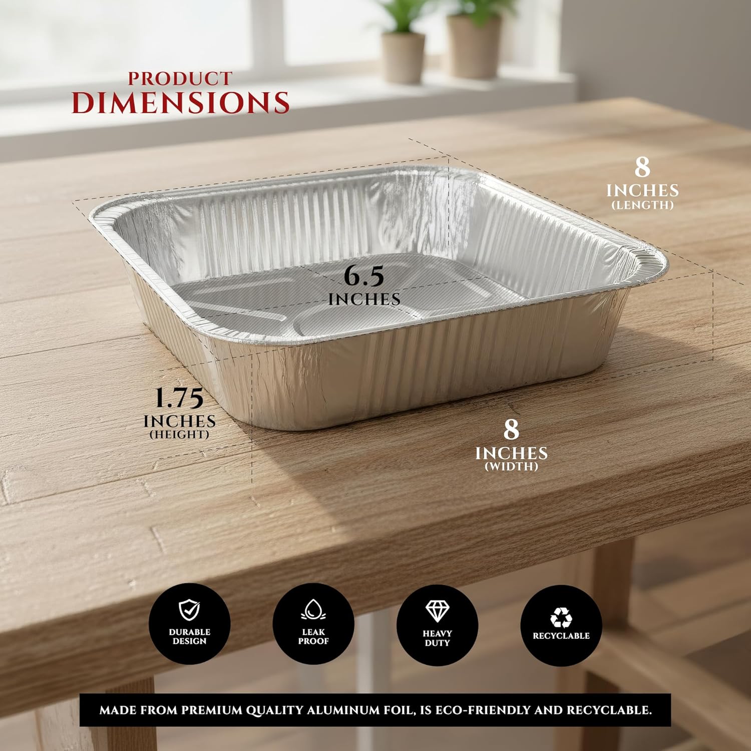 Primo Lines Aluminum Foil Disposable Pans - 40 Pack 8"×8" Oven-Safe & Leak-Proof Catering Trays