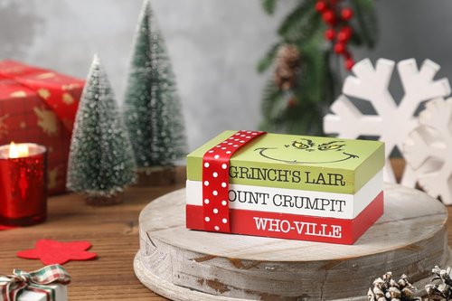 Grinch Christmas Decor - Wood Book Stack for Farmhouse Tiered Tray | Festive Home Table Decor