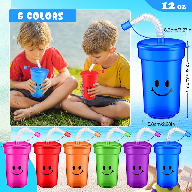 Mumufy Kids 12 oz Neon Cups Bulk Laugh Face Neon Colorful Plastic Cups Reusable Summer Birthday Supplies Kids End of the Year Present for Students(48 Pcs)
