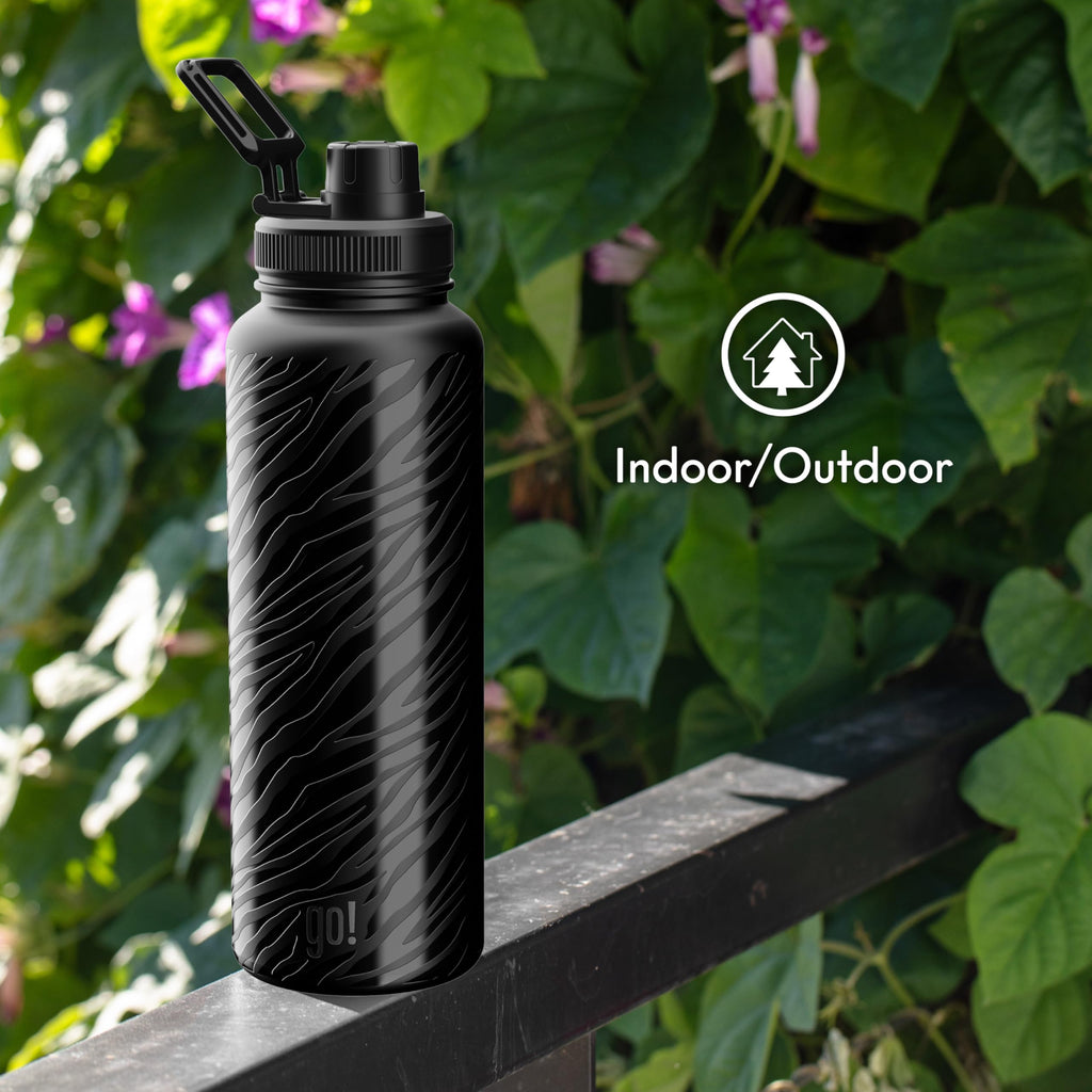 40oz Stainless Steel Sports Bottle with Triple Insulation & Copper Lining – Keeps Drinks Cold for 18 Hours & Hot for 6 – Threaded Lid with Attached Cap, Carrying Handle and Sweat-Free (Black Zebra)