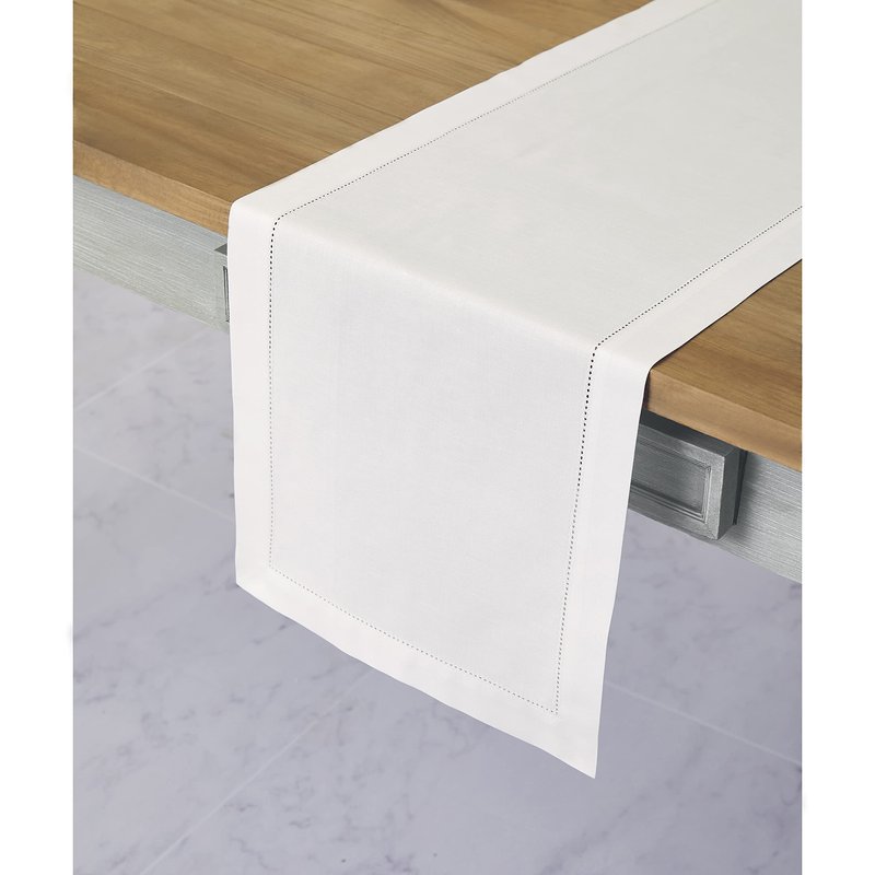 Solino Home White Table Runner 36 Inches - Cotton Linen Hemstitch Coffee Table Runner 14 x 36 Inch Ideal for Dresser Tables - Mothers Day, Spring, Summer, Memorial Day