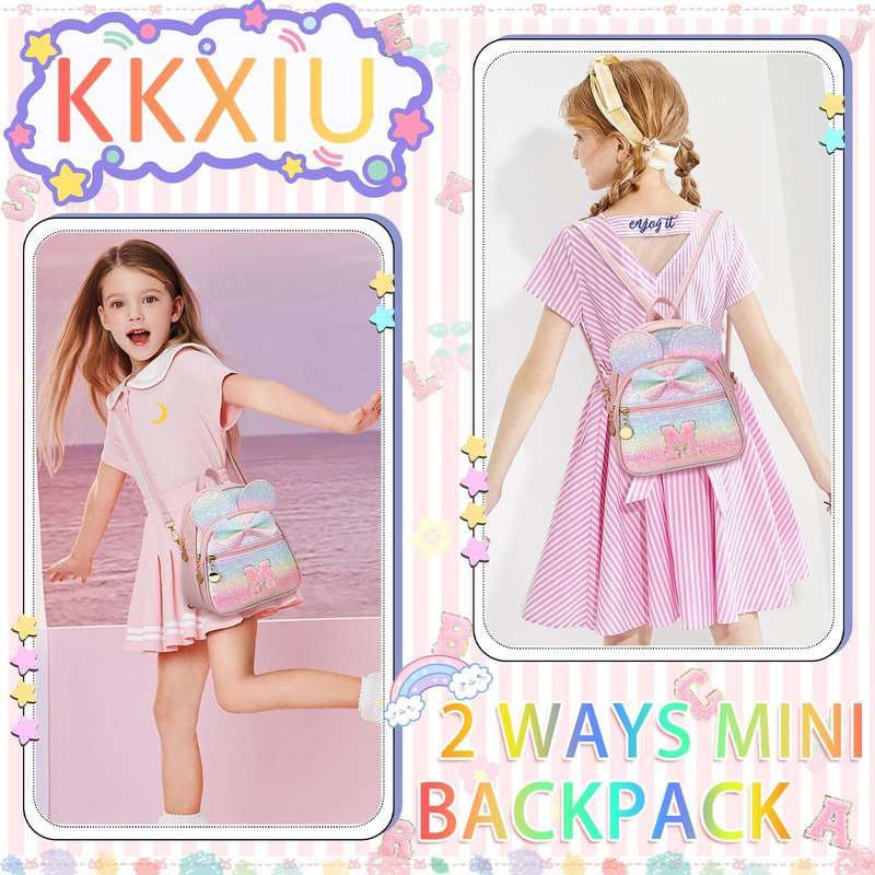 KKXIU Initial Bowknot Mini Backpacks for Girls Women, Small Cute Backpack Purse, Personalized Birthday Gifts for Toddler, Kids and Teen Girls(M, Rainbow)