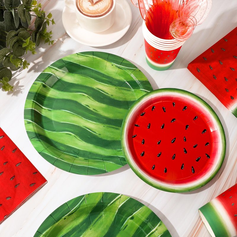 FYSUIMU Watermelon Party Supplies Kit Summer One in a Melon Tableware Set Disposable Paper Plates Cups Napkins Forks Knives Spoons for 25 Guests Birthday Baby Shower
