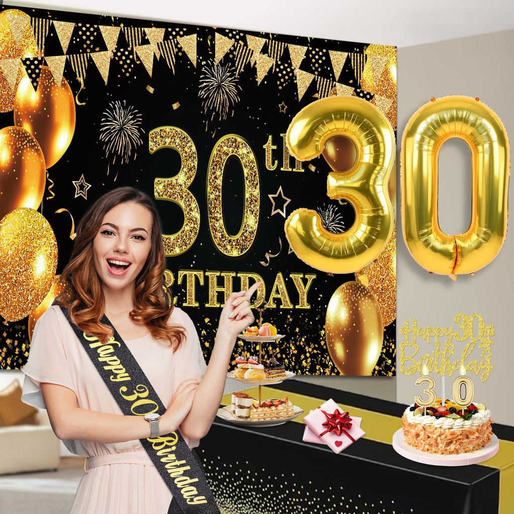 Regine Switzerland 30th Birthday Decorations - Black & Gold Banner, Table Cloth, Balloons & Cake Topper