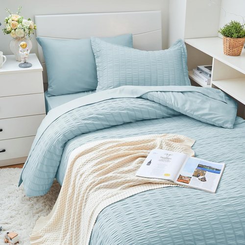 HYMOKEGE Twin XL Comforter Set - Luxury 5-Piece Seersucker Bedding in Lake Blue for All Seasons