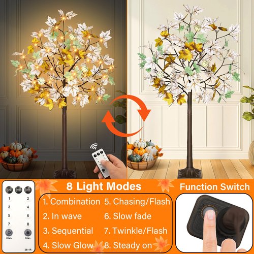 2 Pack Thanksgiving Artificial Lighted Maple Tree, 4 Ft Prelit Fall Decor Maple Tree with 56 LED 3 Foam Pumpkins Plug in Indoor Outdoor Autumn Fall Thanksgiving Decorations
