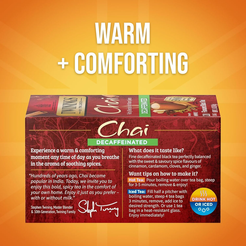 Twinings Decaffeinated Chai Tea Bags - Sweet & Savory Spices | 120 Individually Wrapped Bags (Pack of 6)