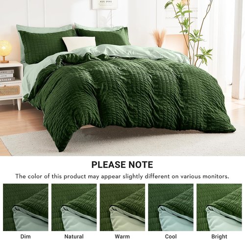 HYMOKEGE Full Size Comforter Set - Luxury 7-Piece Seersucker Bedding in Dark Green/Sage Green