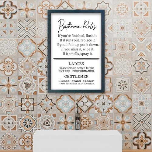 Bathroom Rules Wall Decor - Humorous Quotes Restroom Sign | 16" x 11" Framed Art (Black) by [Brand Name]
