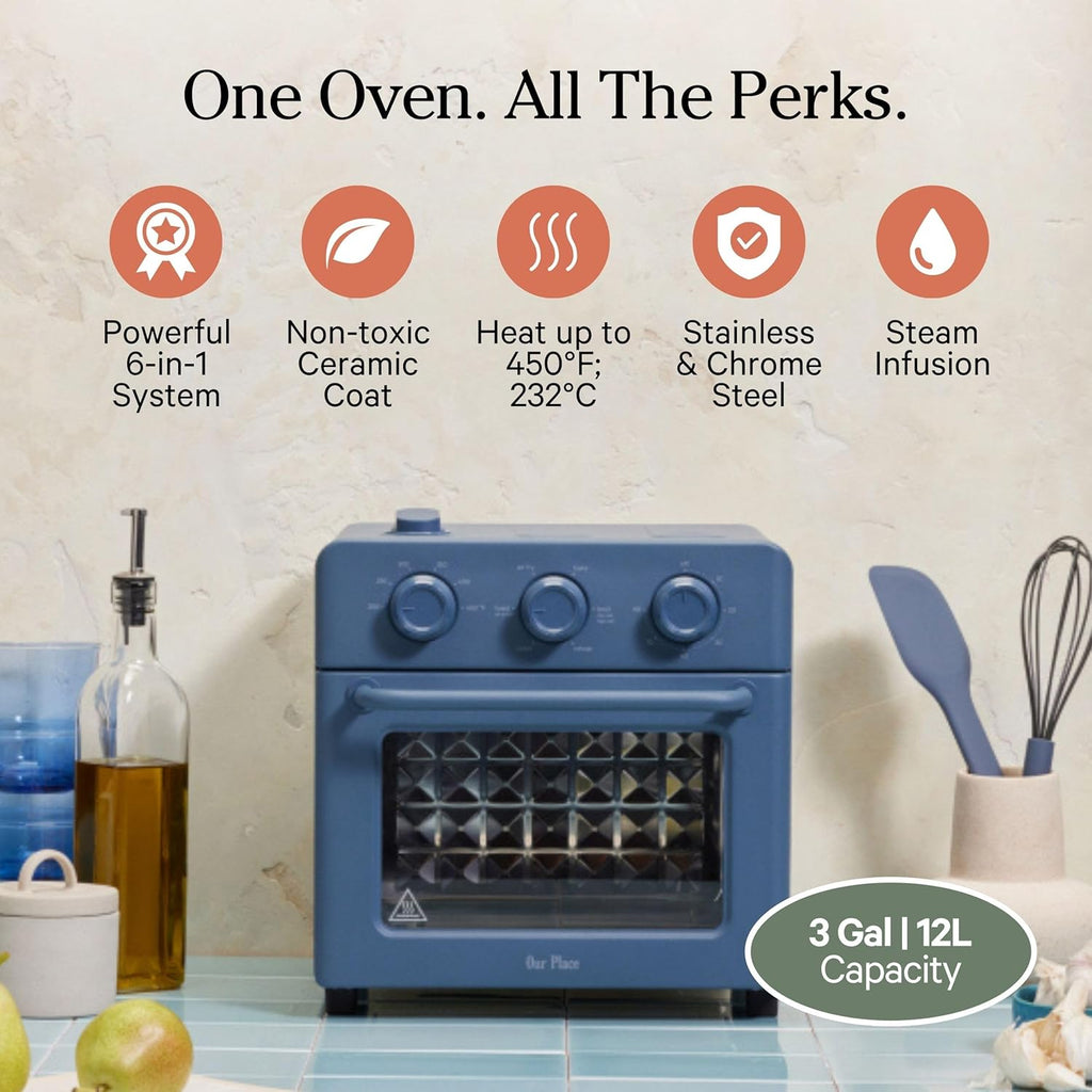Our Place Wonder Oven - 6-in-1 Air Fryer & Toaster Oven with Steam Infusion | Nonstick Ceramic Bakeware Set (Round, Square & Muffin Pan) | Non-Toxic PFAS-Free | Blue Salt
