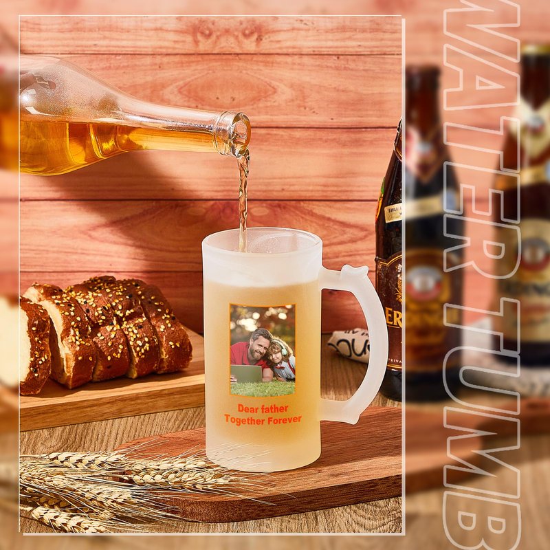 Mifoci 2 Pcs Sublimation Blank Beer Mugs Personalized Tazas Para Present 16 oz Frosted Beer Glass Cups Can Add Photo Text or Images on Gift for Dad Husband Groomsmen Father's Day Wedding Oktoberfest