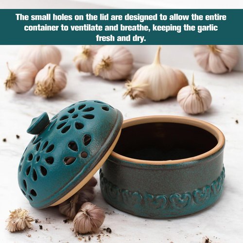 Peacock Blue Garlic Keeper for Counter Small, Ceramic Storage Jar & Garlic Holder for Friends Who Like Cooking, Garlic Container Saver for Kitchen, Keep Your Garlic Cloves Fresh Longer, 3-Inch