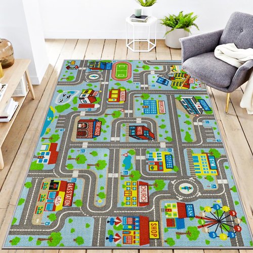 Kids Carpet Playmat Rug 5'2''x3'3'', Kids Rugs for Bedroom, Non-Slip Town City Road Map Car Rugs for Kids Toy Cars, Track Carpet Play Rug for Playroom Classroom Decor (Sky Blue)