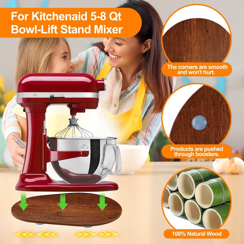 Wooden Mixer Slider for KitchenAid 5-8 Qt Bowl-Lift Stand Mixer, Appliance Sliding Mat Pad, Kitchen Countertop Storage Accessories Mixer Moving Tray Board Attachments, Kitchen Aid Mixers Accessories