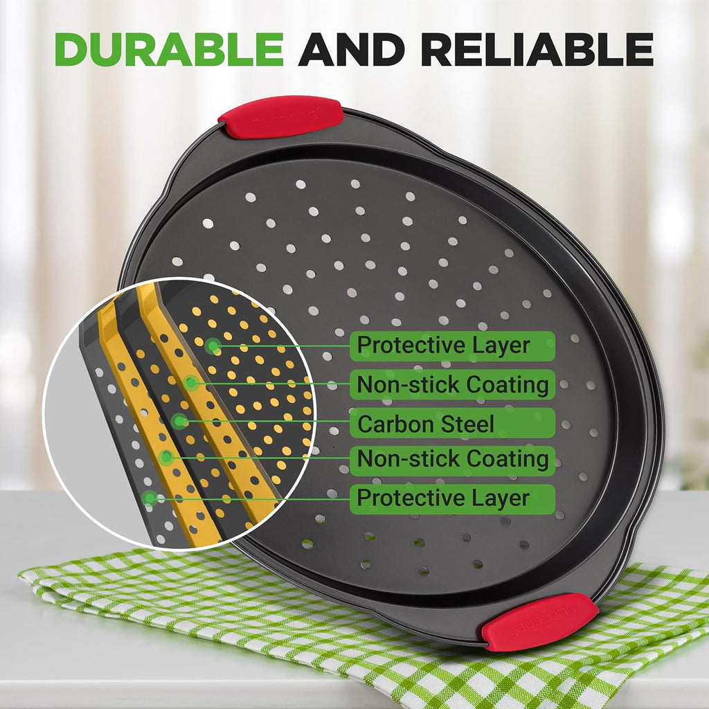 NutriChef 13-Inch Nonstick Pizza Tray - Round Carbon Steel Pan with Perforated Holes & Silicone Grip Handles
