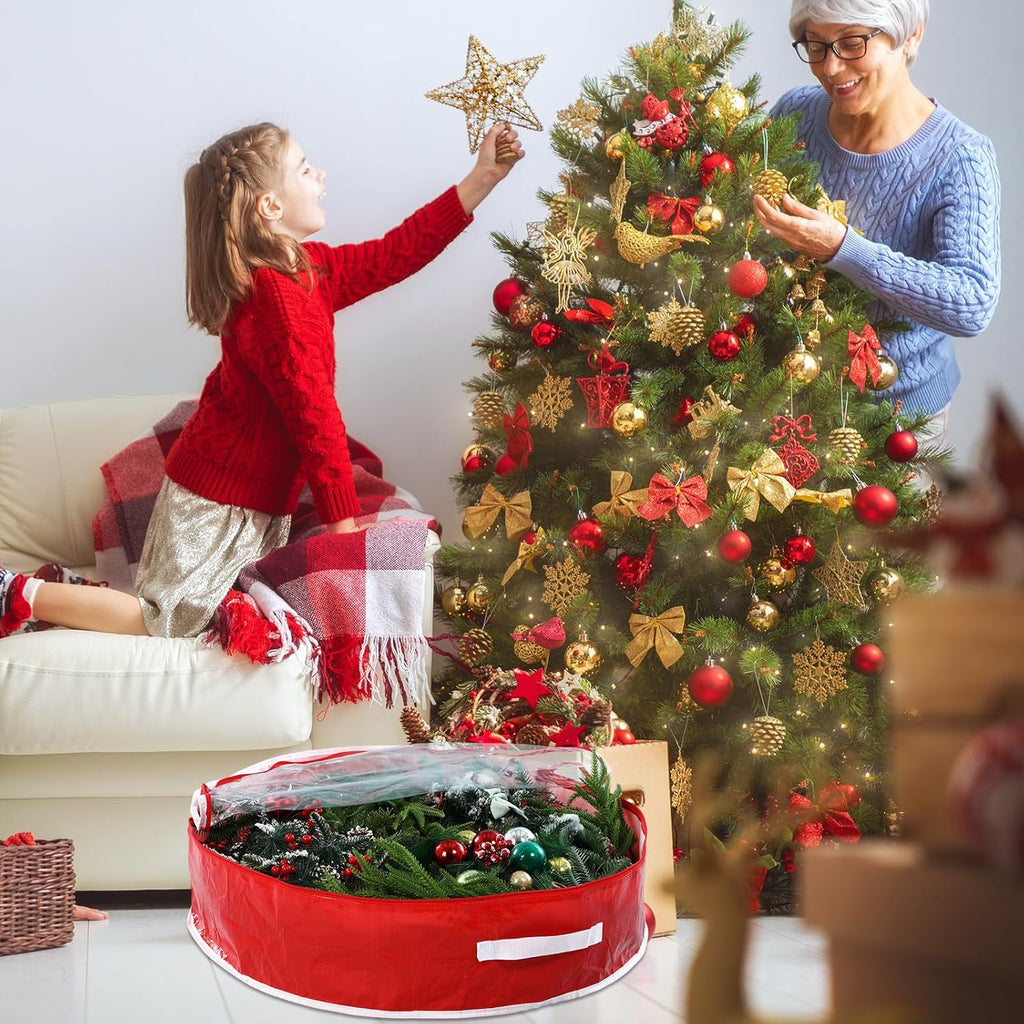 Regine Switzerland Christmas Wreath Storage Bag - 30 Inch Clear Window Design with Dual Zipper Handle | Red & White Peppermint Candy Cane Organizer