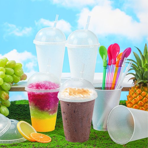 Ninehaoou 24 Sets Slushie Cups with Dome Lids and Straws Detachable Spoon Straws Reusable 16 oz Plastic Iced Coffee Cups Smoothie Tumbler for Birthdays Summer Party Supplies (Transparent White)
