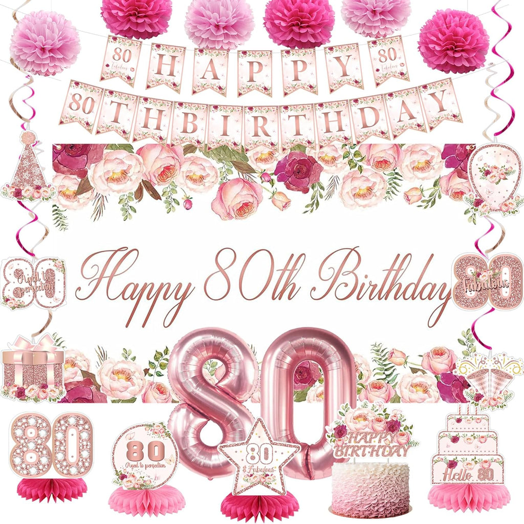 Vlipoeasn 80th Birthday Decorations - Rose Gold Backdrop Banner, Cake Topper & Swirl Hanging Decor
