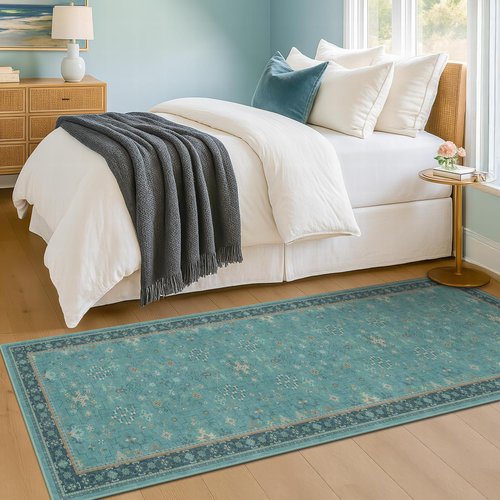 Hazo Haus Boho Kitchen Rug Runner - Non-Slip Teal Washable Design for Bathroom & Hallway