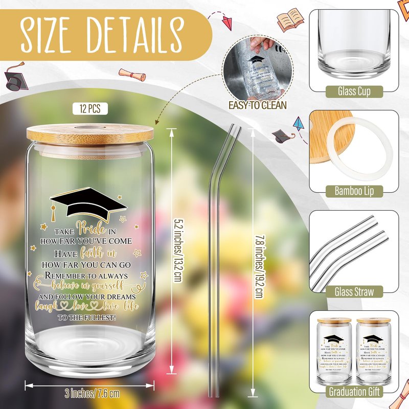 FoldTier 24 Pcs Graduation Gifts Glass Cup Class of 2026 Bulk 16 oz Drinking Cup with Lid and Straw College Her Him Graduate Gift Coffee Cup for Teen High School Grad Party Favor (Gold)