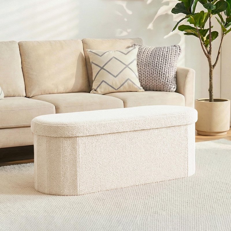 CAIPINFUL 43 Inches Oval Ottoman with Storage, Boucle Sherpa Storage Ottoman Bench, Folding Foot Rest Chest for Bedroom Living Room